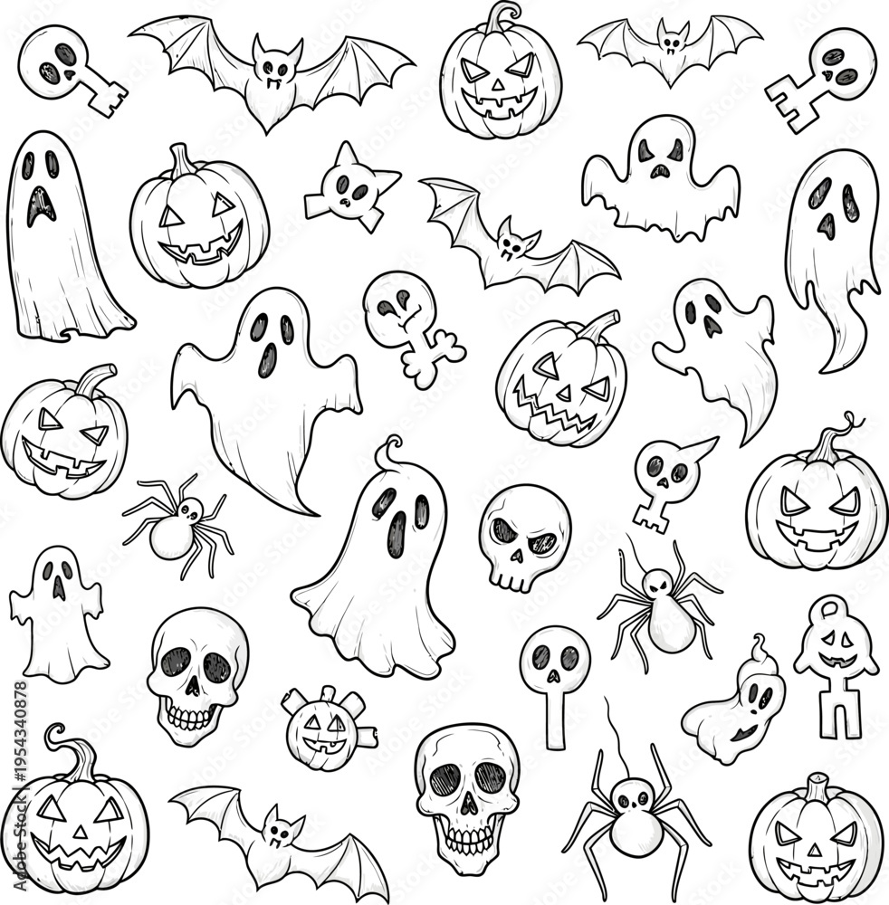 Fototapeta premium Collection of classic Halloween icons including ghosts, pumpkins, bats, spiders, and skulls, perfect for holiday decorations and crafts