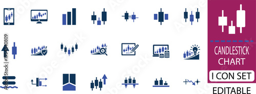 candlestick chart icon set - solid icon collection vector illustration design. A candlestick chart displays price movements, trends, and market sentiment using colored bars over time.
