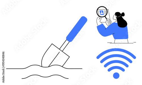 Digital connectivity concept. Digital connectivity explored through wireless symbol, data analysis, and a shovel graphic. Digital connectivity enhancing technology, research, innovation