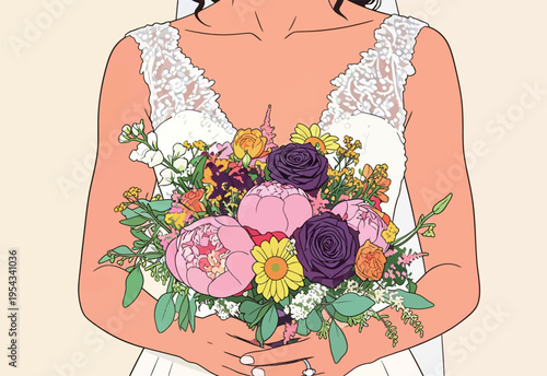 Bride holds a colorful bouquet of flowers during a wedding ceremony at a sunny outdoor venue in springtime