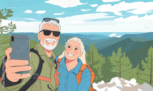Couple takes selfie on hiking trip in forest with mountains and blue sky in the background during daytime