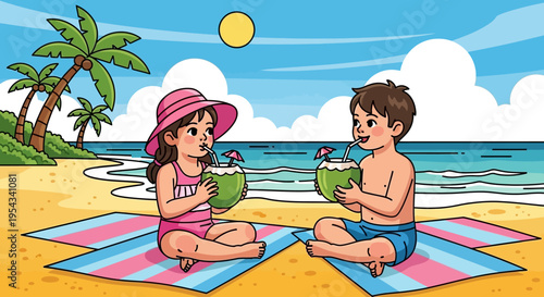 Children Drinking Coconut on Beach Towel.