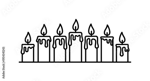 A simple line drawing of seven lit candles with wax dripping down their sides.