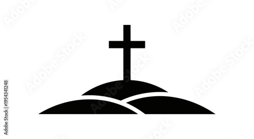 A simple black cross on top of a hill against a white background.