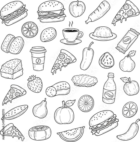 A diverse collection of delicious food and drink items, perfect for culinary and graphic design projects