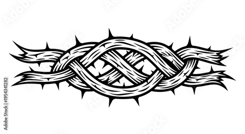 A black and white illustration of a crown of thorns with intertwined branches.