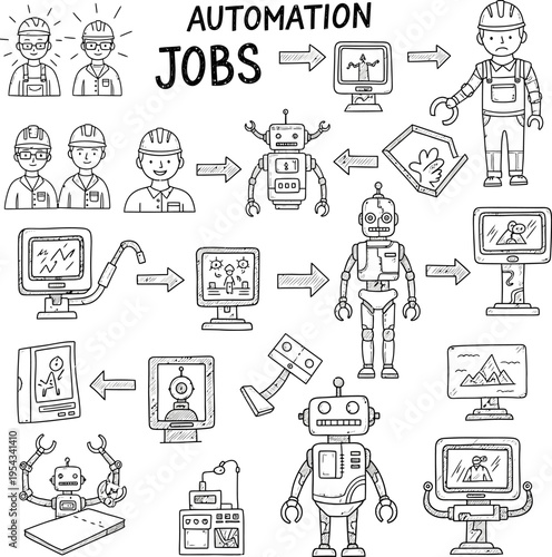 Exploring the profound impact of evolving automation technologies on traditional jobs, illustrating the future of the industrial workforce and human-robot collaboration