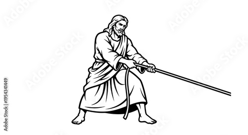 A samurai warrior preparing for battle with a katana sword in a defensive stance.