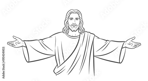 A simple line drawing of jesus christ with outstretched arms and a serene expression.