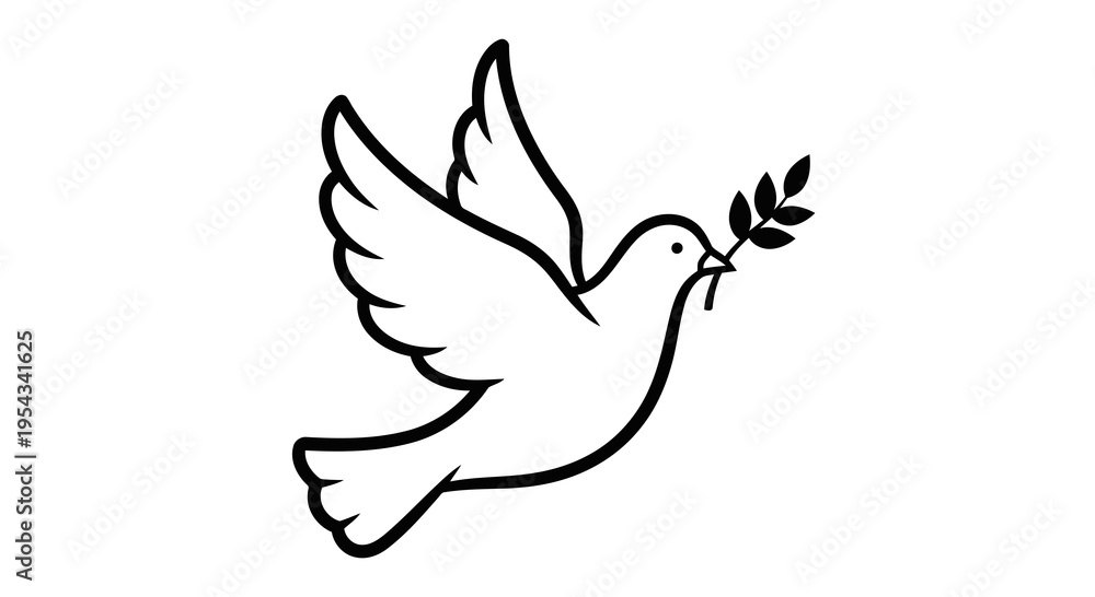 Fototapeta premium A simple line drawing of a dove flying with an olive branch in its beak.