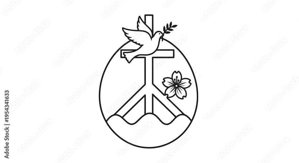 Obraz premium A simple line drawing of a peace sign within a circle with a dove and flowers.