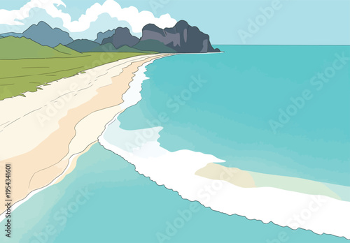 Waves crash on the shore of a beach with hills and rocky cliffs in the distance on a clear day