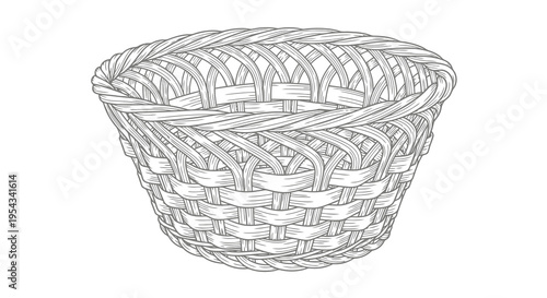 A simple black and white drawing of a woven basket on a white background.