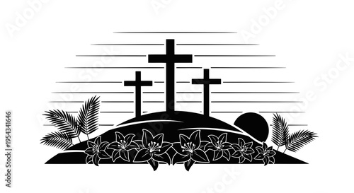 Three crosses on a hill with foliage and a tomb in the background.