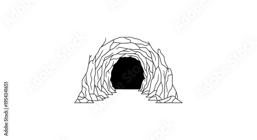 A simple black and white drawing of a cave entrance surrounded by snow.