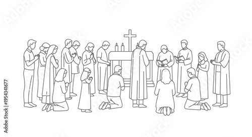 A group of people gathered around an altar with a cross in a solemn ceremony.