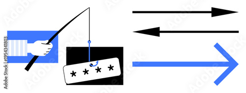 Cybersecurity, phishing, data protection, online safety, password security, and cyber threats. A phishing hook catching a password and direction arrows. Cybersecurity and phishing concepts