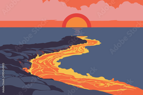 Flowing lava meets ocean under sunset sky at volcanic landscape