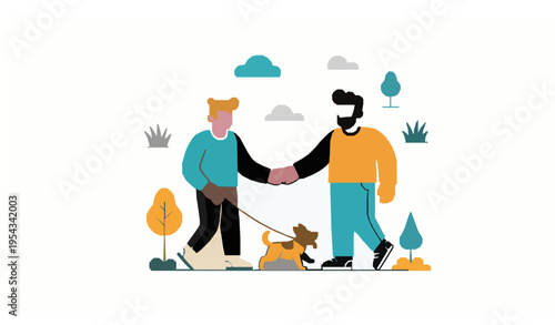 Romantic couple walking dog in park with playful cartoon style vector illustration of love and outdoor lifestyle isolated on white
