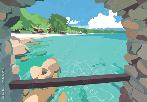 View of the tropical beach scene from an open rock window near the water during bright daylight hours