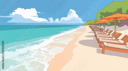 Empty beach chairs line the shore under umbrellas as waves wash up on a sunny day by the ocean