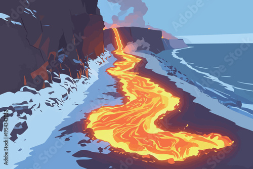 Lava flows from a cliff into the ocean during a volcanic eruption at sunset on a beach