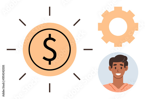 Financial planning, economic growth, resource management, teamwork, business success, monetary efficiency. Dollar sign with rays, gear icon and smiling person. Financial planning and economic growth