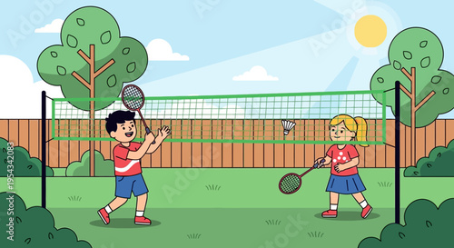 Children Playing Badminton on Grass Court.