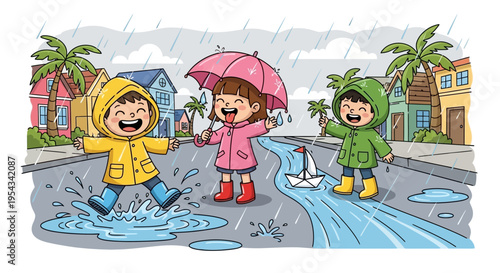 Children Playing in Rainy Street Scene.
