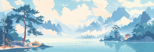 Scenic view of mountains and water with trees and a temple in the background during daytime with many clouds in the sky