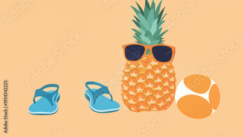 Summer fun with pineapple, flip flops, and beach ball on bright background