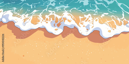 Waves crash on sandy beach at midday with sunlight shining on the water