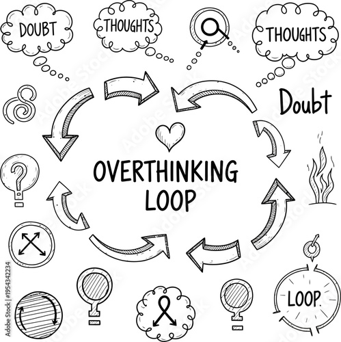 A visually engaging illustration depicting the concept of an overthinking loop, with thought bubbles and arrows guiding the viewer through the cycle of doubt and contemplation