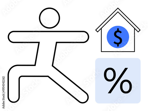 Financial well-being, mortgage planning, budgeting, personal development, balance, and investment. Stick figure beside percentage and house dollar symbols. Financial well-being and mortgage planning