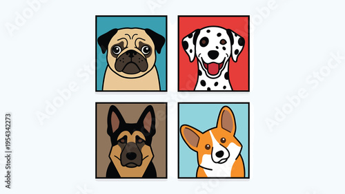 Cute Cartoon Dog Portraits Set. Illustrated faces of Pug, Dalmatian, German Shepherd, Corgi on colored backgrounds, pet avatars.