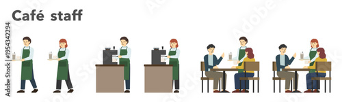 フラットイラスト：男女のカフェ店員