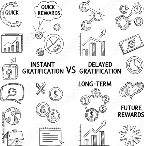 Exploring the dichotomy between immediate desires and strategic future benefits a visual representation of short-term pleasures versus sustainable long-term rewards and investment outcomes