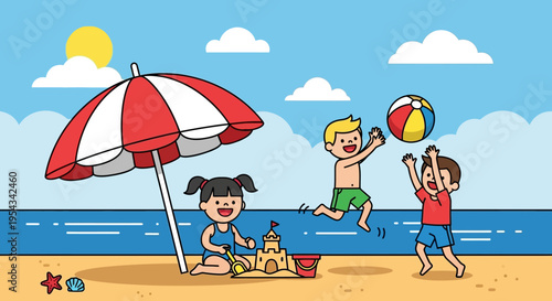 Children Playing on the Beach with Umbrella.