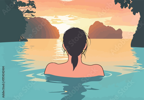 Woman looks at sunset in water near rocks and trees in tropical location during evening time