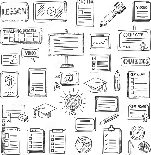 Collection of hand-drawn icons and illustrations related to education, learning, and online courses, featuring elements like lessons, videos, notes, and quizzes