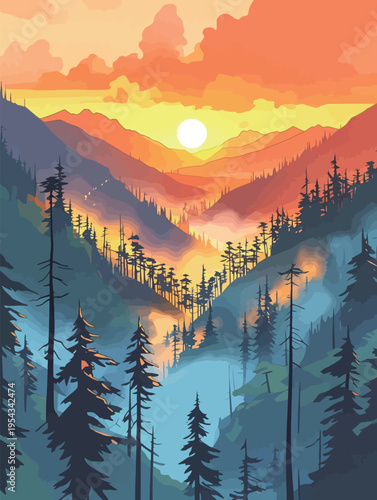Sunset view over mountains and forests near a river during evening hours