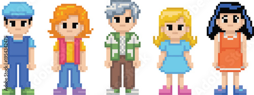 Pixel people characters vector set, retro 8bit avatars diverse kids and adults illustration