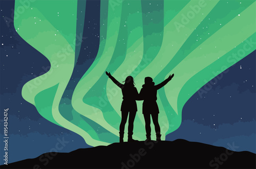 People enjoy northern lights in the night sky while standing on a hilltop in a remote location during winter season