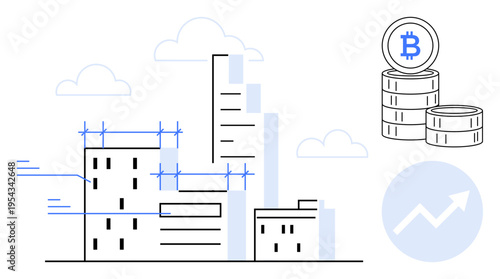 Cryptocurrency, real estate, blockchain, fintech, investment, economic growth. Skyscrapers under development, Bitcoin coins rising graph. Cryptocurrency and real estate growth visualization
