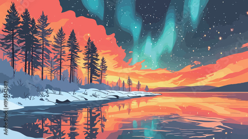 Colorful sky lights up winter scene by frozen lake at night