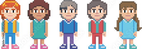 Pixel people characters vector set, retro 8bit avatars kids and adults game design illustration