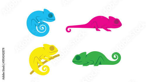 Set of Four Brightly Colored Chameleons - Flat Vector Design Illustrations in Various Poses