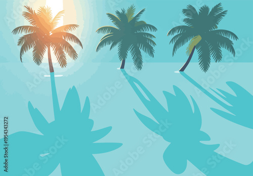 Sunlight shines on palm trees by the water in a tropical setting during late afternoon hours