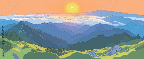 Sunrise over mountains with clouds and greenery in the foreground surrounding peaks in the distance