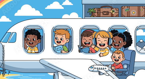 Children Smiling Inside Airplane Windows.